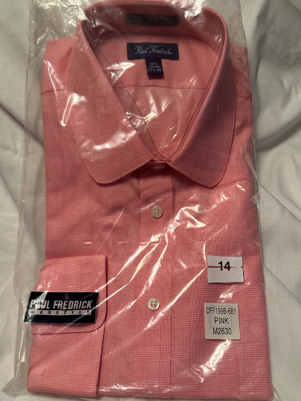 Paul Fredrick; 17 ½-35 pink long sleeve, dress shirt